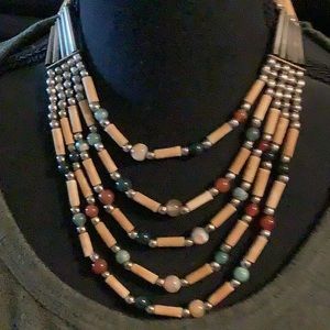 Tribal Bone beaded and silver beads Necklace 5 strands